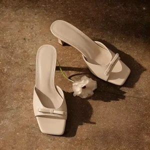 Heeled Sandals for Women Kitten Heels Open Square Toe Bow Mules Heels Slip on Cute Summer Dress Shoes Party Wedding