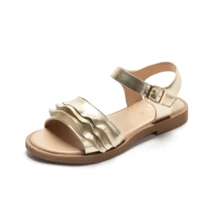 Hicute Girls Flat Ankle wrap Buckle Strap Sandals Gold Ruffle Design Kids Summer Party Shoes Model 033