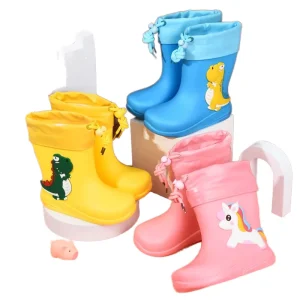 High Outdoor Children’s Unisex PVC Rain Boots with Warm Insole Anti-Slippery Outsole Cartoon Design