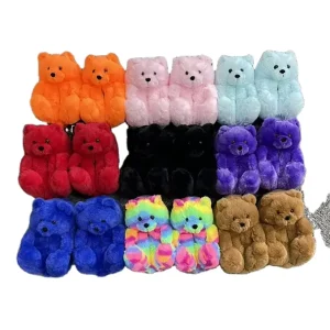 High Quality All Color Indoor Slippers Shoe Warm Kids Plush Big Fluffy Fur Teddy Bear Slippers for Women Girls