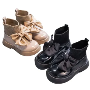 High Quality Cute Ankle Chelsea Boots for Girls Kids Bowknot PU Slip on Sock Chunky Boots Botas Kid