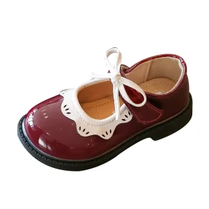 High Quality Fashion Kids Dress Shoes Wine Red with Bowknot Lace Velcro Design Sweet Girls Mary Jane Shoes