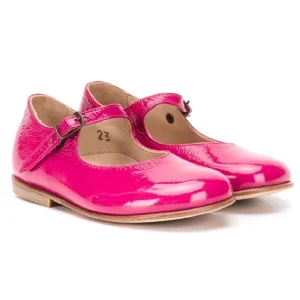 High Quality Girl Kids Name Brand Shoes Fuchsia Pink Patent Leather Buckle Strap Flat Ballerinas