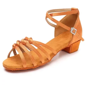 High Quality Girls Ballroom Dance Shoes Diamond Clasp Comfortable Cowhide PU Satin Jazz Fashion High Heel Dance Sandals Kids