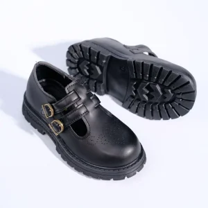High Quality Girls Black School Leather Shoes with Double Rows of Gold Buckles and a Matte Finish Dress Shoes