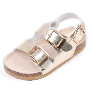 High Quality Gold Silver Color Shiny Thick PU Children Kids Girls Buckle Straps Sandals with Bio Cork Sole Foot bed