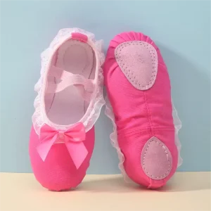 High Quality Kid Beautiful Shoes Cow Ballet Dance Shoes Lace Bow Canvas Cat’s Paw Dance Child Ballet Shoes
