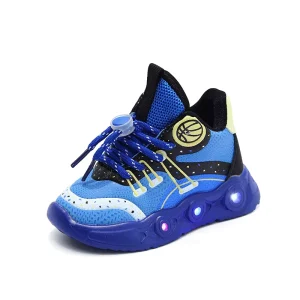 High Quality LED Light Basketball Shoes for Kids Boys Spring Autumn Breathable Rubber Insole with Mesh Lining Round Boot Design