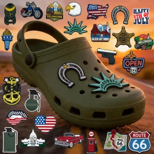 High Quality Manufacturer Factory Pvc Shoe Charms 2d Us Map Heart Flag Eagle Horseshoe Clog Shoe Charms Accessories