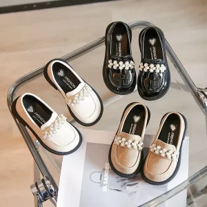 High Quality PU Leather Loafers Kids Shoes Breathable Round Toe Slip on Bead Girls Shoes Anti Slip Walking Platform Casual Shoes
