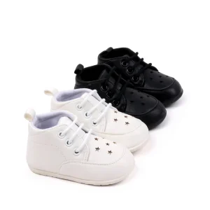 High Quality School Baby Child Kids Shoes White Black Star Design Baby Toddler PU Leather Shoes