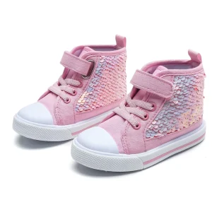 High Top Trendy Sequin Princess Girls Buckle Strap Casual Shoes Kids Tennis Canvas Shoes for 10 to 13 Years Old