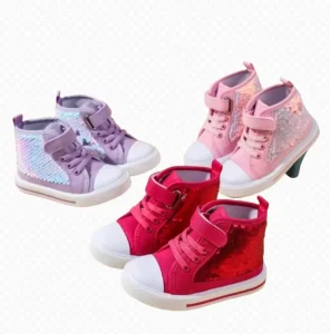 High Top Trendy Sequin Tennis Canvas Shoes for Kids Unisex Retro Sport Shoes with Buckle Strap Casual for Spring Walking