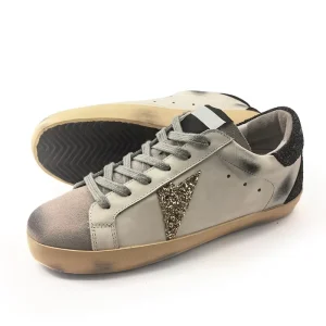Hip Hop Designer Vintage Shiny Retro Golden Dirty Women Sequin Sneakers Calf Leather Platform Soft Sports Loafer Trainers