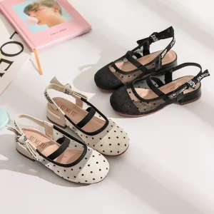 Hollow Breathable Dot Mesh Embroidery Bowknot Comfort Children Low Heel Slingback Elastic Band Pumps Spring Summer