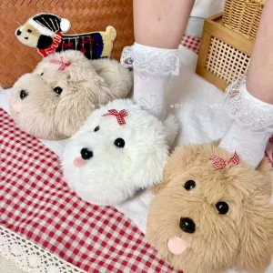 Home Plush Slippers for Women Long Pile Warm Slippers Cute Dog Shaped Slippers
