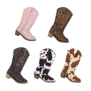 Horseh Kids Dress Leather Shoes Oxford Printing Girls Kids Knee High Cowboy Glitter Boots