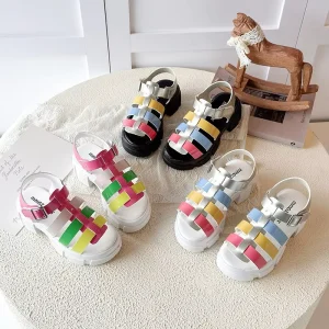 Hot Selling Girls Summer New Children’s Roman Sandals Open toed Trendy Sandals Non slip Kids Chunky Heel 3cm Sandals