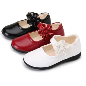 I-0037 Girls PU Leather Shoes for Children Wedding Dress Princess School Shoes Kids Summer Flower Black Student Sandals Shoes