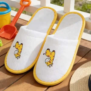 In Stock High-Quality Terry Cloth Heat Transfer Pattern Children’s Household Guest Disposable Slippers for Kids