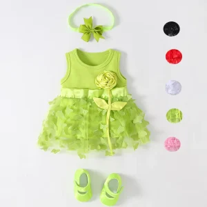 Infant Kids Summer Clothes Candy Color Sleeveless Skirt Pure Cotton Dress Shoes Hairband 3pcs Girls Clothing Set