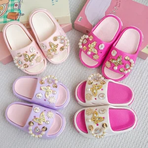 Ins Popular Summer Kids Fashion Shoes EVA Outdoor Butterfly Pearl Sweet Girl’s Slippers