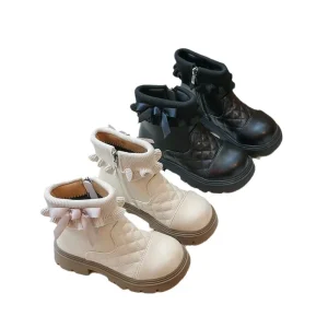Kid Boots Cute Ear Edged Princess Fleece Lined Leather Boots for Girls Boys Flat Feature for Winter Season Children’s Shoes