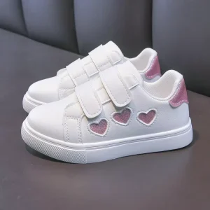 Kid Causal Shoes Spring Summer Children’s Sneakers Heart Print Sports Shoes Little Girls White Velcro Closure Flat Walking Shoes