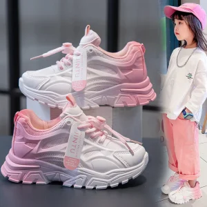 Kids’ Ankle High Clunky Sneakers Spring/Autumn New Style Girls’ & Boys’ Running Shoes Breathable Rubber Outsole 7-12 Years