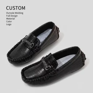 Kids Black Crocodile Pattern Leather Flat Loafers Slip On Metal Buckle Decor Customizable Casual Dress Shoes Boys OEM