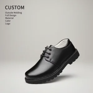 Kids Black Leather Flats OEM Custom Factory Bulk Lace Up School Shoes