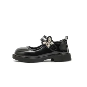 Kids Black PU Campus Shoes Adjustable Strap Butterfly Decor Girls School Uniform Shoes with Hook & Loop Closure Breathable