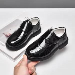 Kids Black PU School Uniform Shoes Boys HOOK&LOOP Closure Lightweight Breathable Comfortable Dress Shoes for Campus