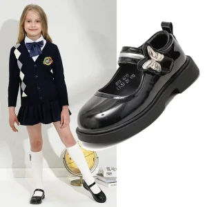 Kids Black PU Upper Mary Jane School Uniform Shoes Adjustable HOOK&LOOP Strap Butterfly Decor Non Slip Light Weight Breathable