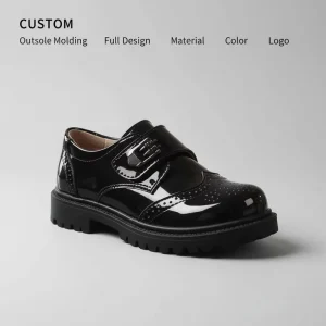 Kids Black Patent Leather Brogues Custom Velcro Platform Non slip School Uniform Formal Dress Shoes for Boys