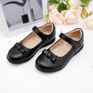 Kids Black School Uniform Shoes Girls Comfortable Non slip Mary Jane Shoes with Bow & Scallop Trim