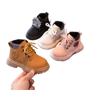 Kids Boots Autumn Winter 4 Colors (Black/White/Pink/Tan) with Thick Non Slip Sole & Side Badge Children Shoes