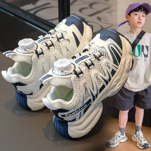 Kids’ Boys’ Ankle Summer Sports Shoes White Breathable Mesh Rubber Outsole Non-Slip Running Trendy