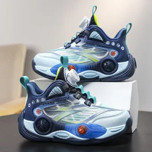 Kids Boys Sports Shoes Mesh Upper Breathable Rotating Buttons Soft Midsole PVC Running Basketball Shoes Cotton Outsole