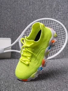 Kids’ Breathable Knit Lace-Up Sneakers Lightweight Anti-Slip Athletic Walking Shoes for Boys and Girls All Seasons