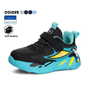 Kids’ Breathable Mesh Sports Sneakers Velcro Non Slip EVA Sole Casual Walking Shoes PU Upper Plush Lining for Boys Girls 7 12y