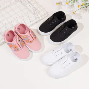 Kids Canvas Slip-On Sneakers Floral Accent Design Soft Sole Toddler Casual Shoes for Boys Girls
