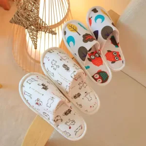 Kids Cartoon Printed Disposable Non Slip Eco Friendly Cotton Linen Spa Slippers Bathroom Sets Home Travel Hotel