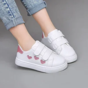 Kids Casual Shoes Spring/Summer Children’s Sneakers Heart-Print Sports Shoes Little Girls White Velcro Closure Flat Walking Shoes
