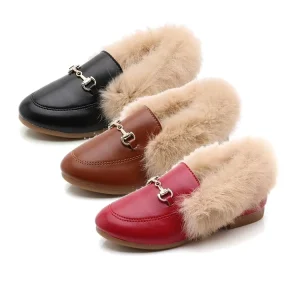 Kids Cute Loafers Fur Girls Winter Autumn Dress Shoes Plush PU Shoes