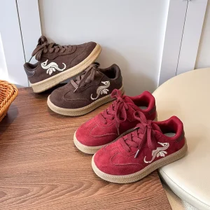 Kids Embroidered Suede Sneakers Children’s Vintage Style Low-top Board Shoes Non-Slip Rubber Sole Casual Shoes