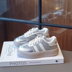 Kids Fashion Sneakers Fall Casual Silver Gray Sports Shoes Soft Rubber Sole Trendy Retro Running Shoes for Boys Girls