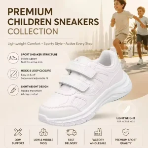 Kids Footwear Boys Girls White Sneakers PU Leather Casual Running Shoes Shock Absorbing Comfortable All Season