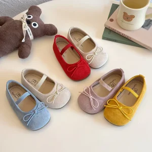 Kids Footwear Fashion Dancing Shoes for Little Girls New Styles Bow Suede Upper Children’s Flat Dress Shoes