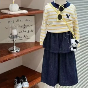 Kids Girl Yellow Striped Knit Top Denim Skirt Pants Two Piece Casual Clothes Set